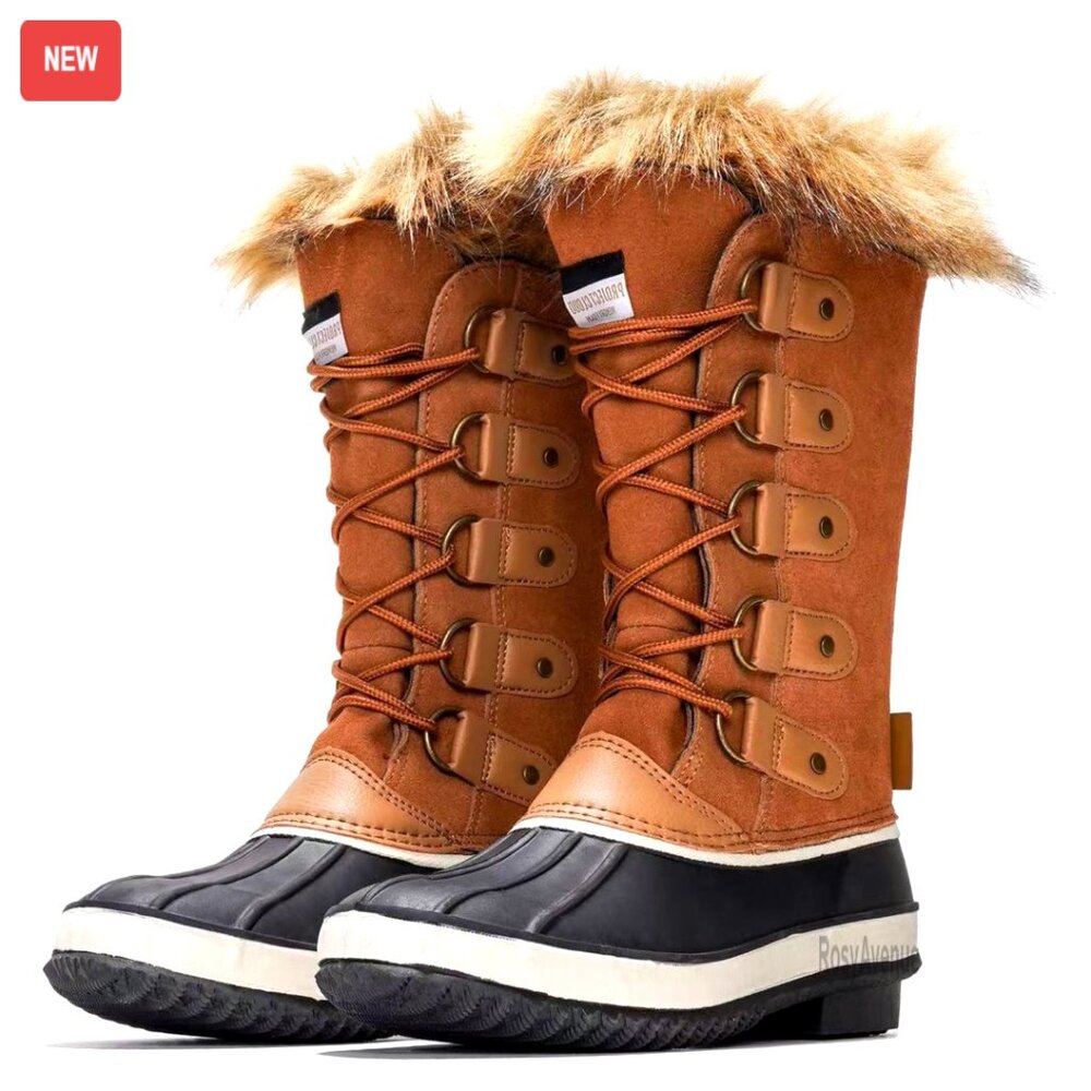 Women's Mid-Calf Snow Boots Genuine Leather Memory Foam Waterproof